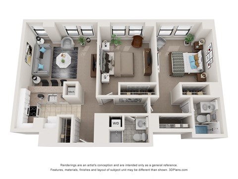 Floor plan for 2 beds, 2 baths, 980 sqft